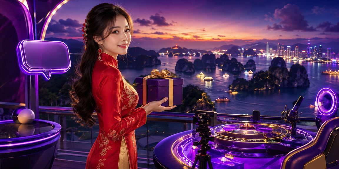 Cảnh vịnh Hạ Long với người dùng trong trang phục áo dài truy cập nền tảng cá cược trực tuyến