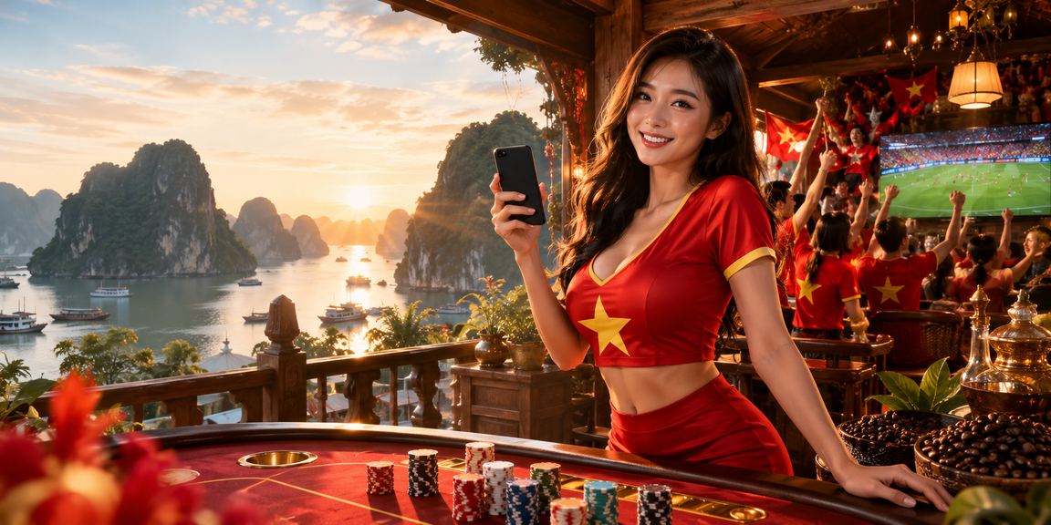 Người dùng xem kèo bóng đá trên điện thoại bên vịnh Hạ Long với ly cà phê Việt