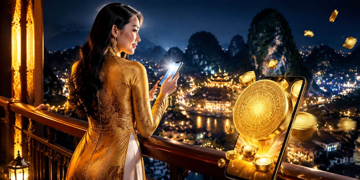 Người phụ nữ mặc áo dài trải nghiệm mobile casino tại khung cảnh thiên nhiên Ninh Bình